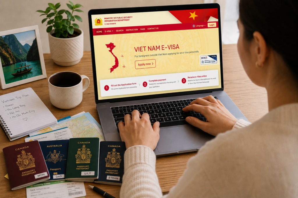 旅客坐在桌前使用电脑申请越南电子签证（e-Visa），旁边放着护照，背景可见越南地图，2026 年最新申请流程 / Win Royal Spa 皇家越式按摩