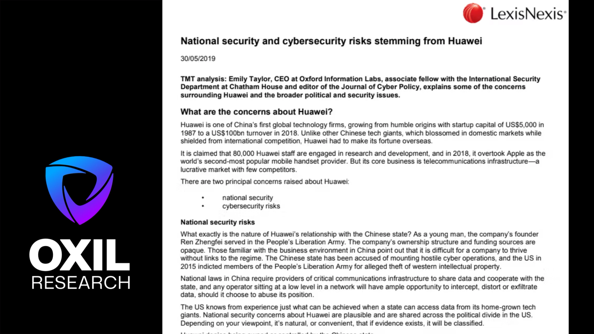 National Security and Cybersecurity Risks From Huawei