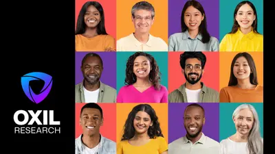 Oxil Research logo on a black background next to a colorful grid of twelve smiling people of diverse backgrounds and ages, each against a vibrant, solid-colored backdrop.