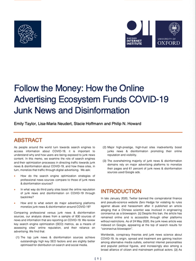 Follow the Money: How the Online Advertising Ecosystem Funds COVID-19 Junk News and Disinformation