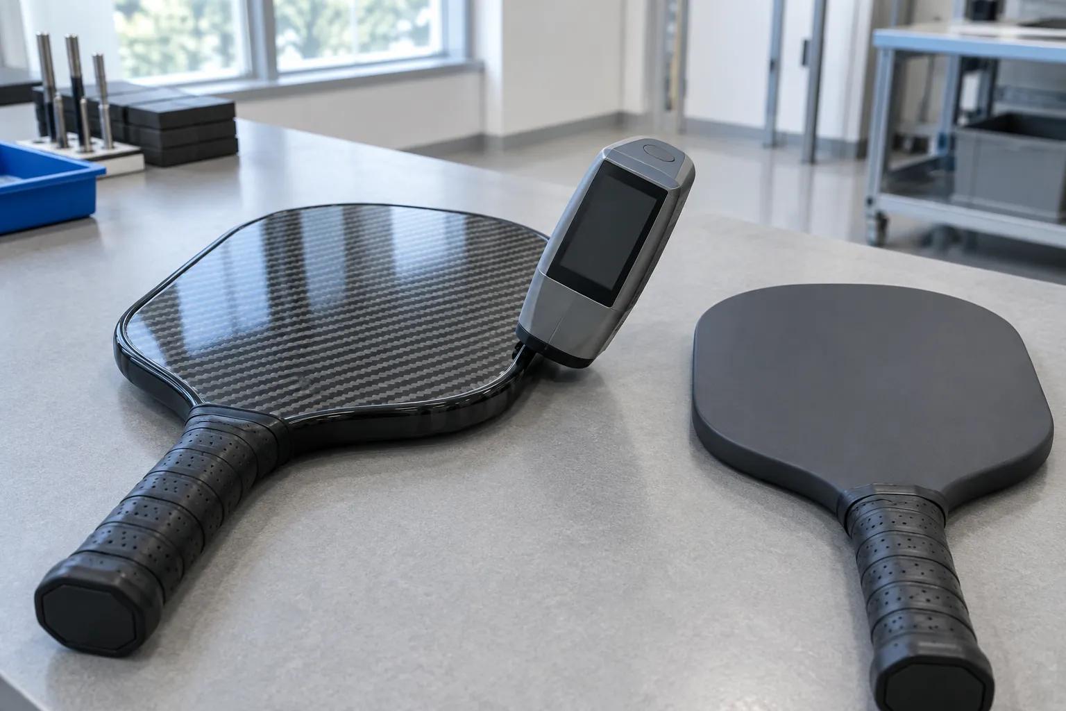A handheld gloss meter resting on the glossy black edge guard of a carbon fiber pickleball paddle on a grey lab table, with a matte edgeless paddle beside it