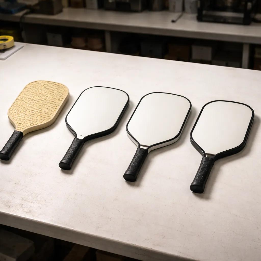 Hyper-realistic product photography, a sequential array of custom pickleball paddle manufacturing stages: raw core, laminated face, pressed paddle, finished paddle with edge guard, on a clean workshop table, soft diffused studio light, high detail, no text, no brand logo