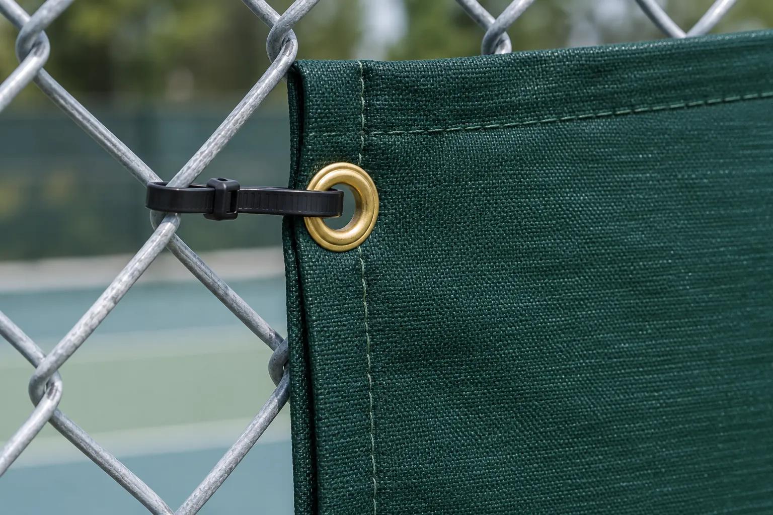 Close-up of the edge of a dark green court windscreen on a galvanized chain-link fence: a double-stitched hem, a brass grommet, and a black cable tie looped through the grommet around the fence wire