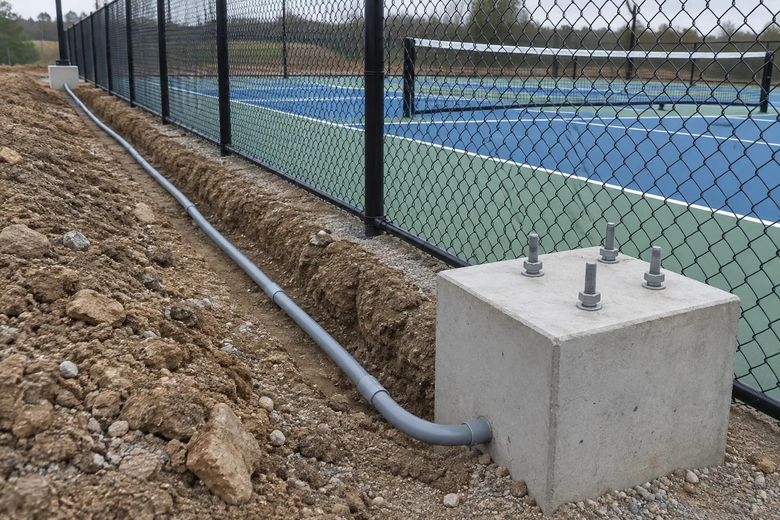 An open trench outside a court fence with grey conduit running to a square concrete pole footing with four anchor bolts