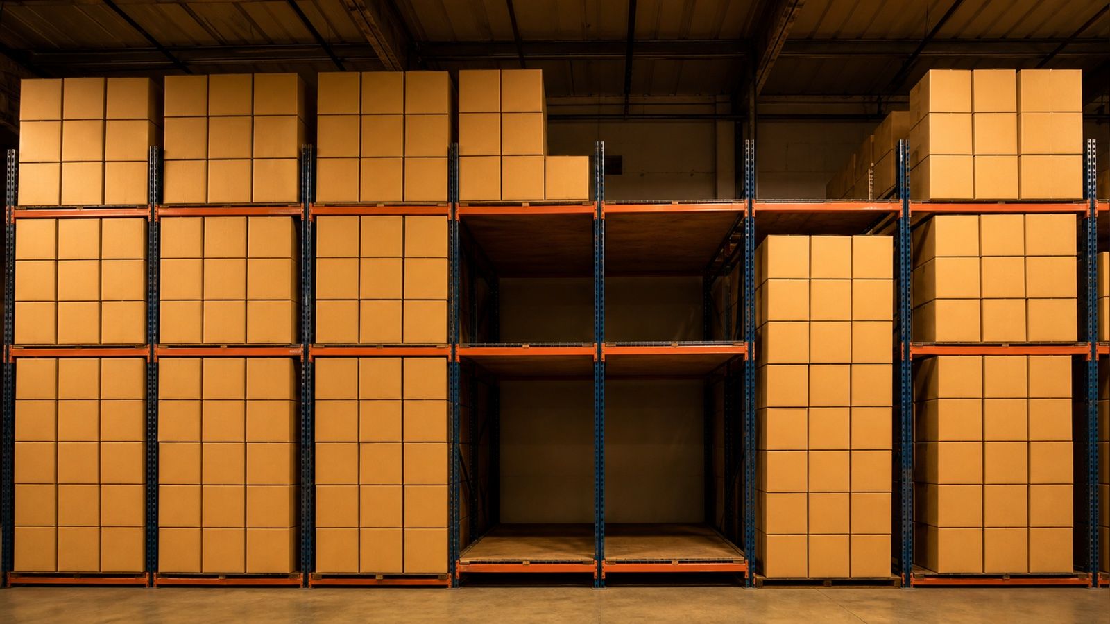 Warehouse pallet racking filled with columns of identical plain brown cartons, several bays stacked to the top while two adjacent bays sit completely empty down to the bare shelf decking