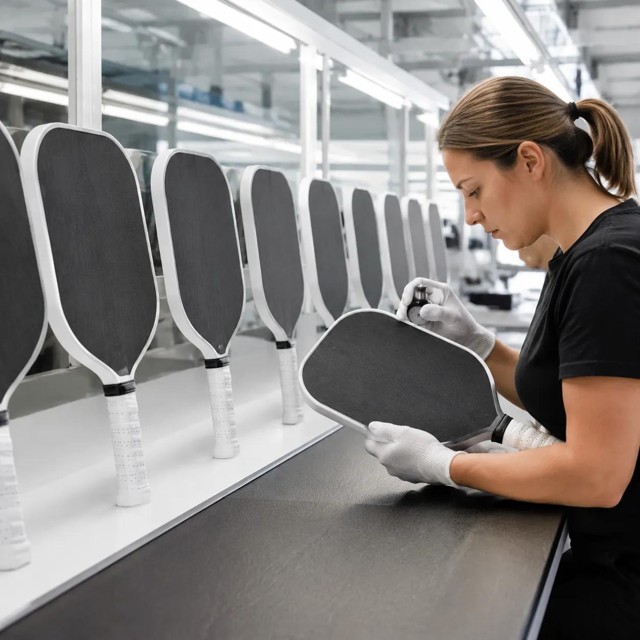 Hyper-realistic product photography, a row of premium pickleball paddles in a factory inspection station, with a quality control inspector examining core density and edge guard adhesion, clean white lighting, precise industrial setting, no text, no brand logo