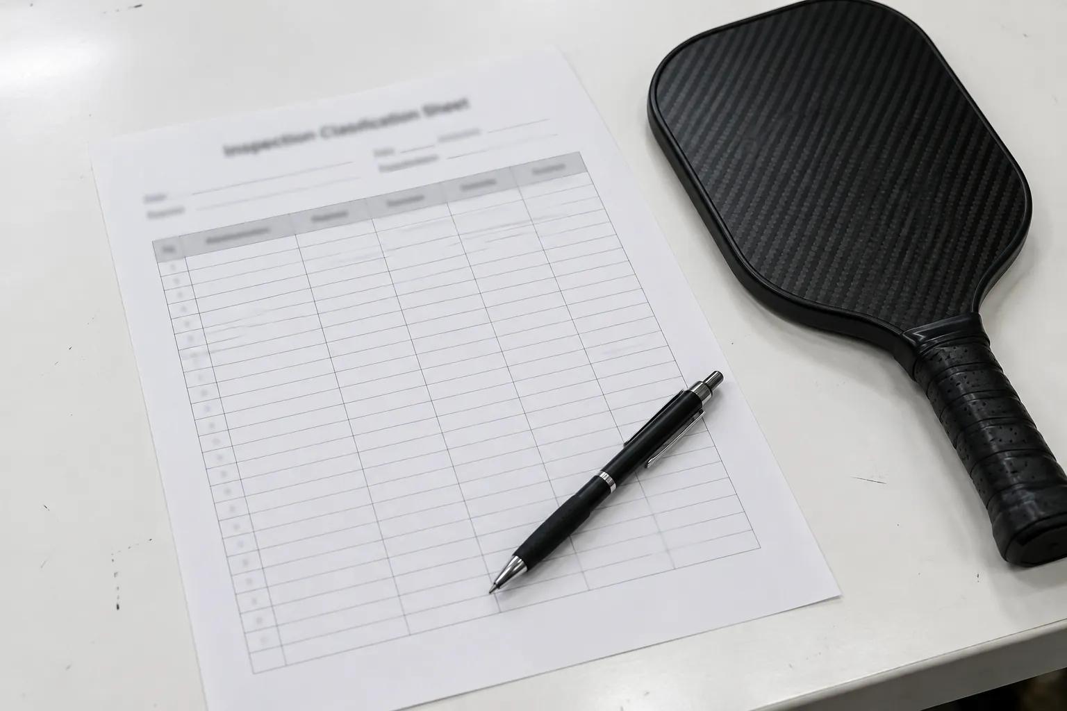A printed inspection classification sheet with an empty ruled grid lying beside a black carbon-fibre pickleball paddle on a white inspection bench, a pen resting on the paper