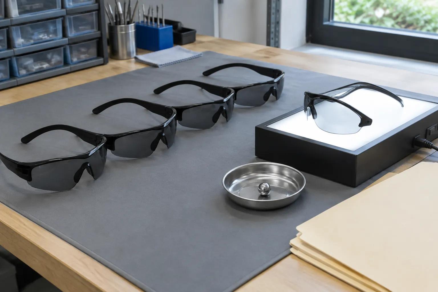 A row of identical black wraparound sports glasses on a grey mat in an optics workshop, one pair on a light box and a small steel ball in a dish beside them