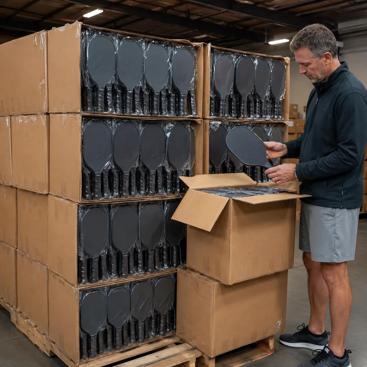 Warehouse pallet stacked with a consolidated wholesale pickleball facility opening order