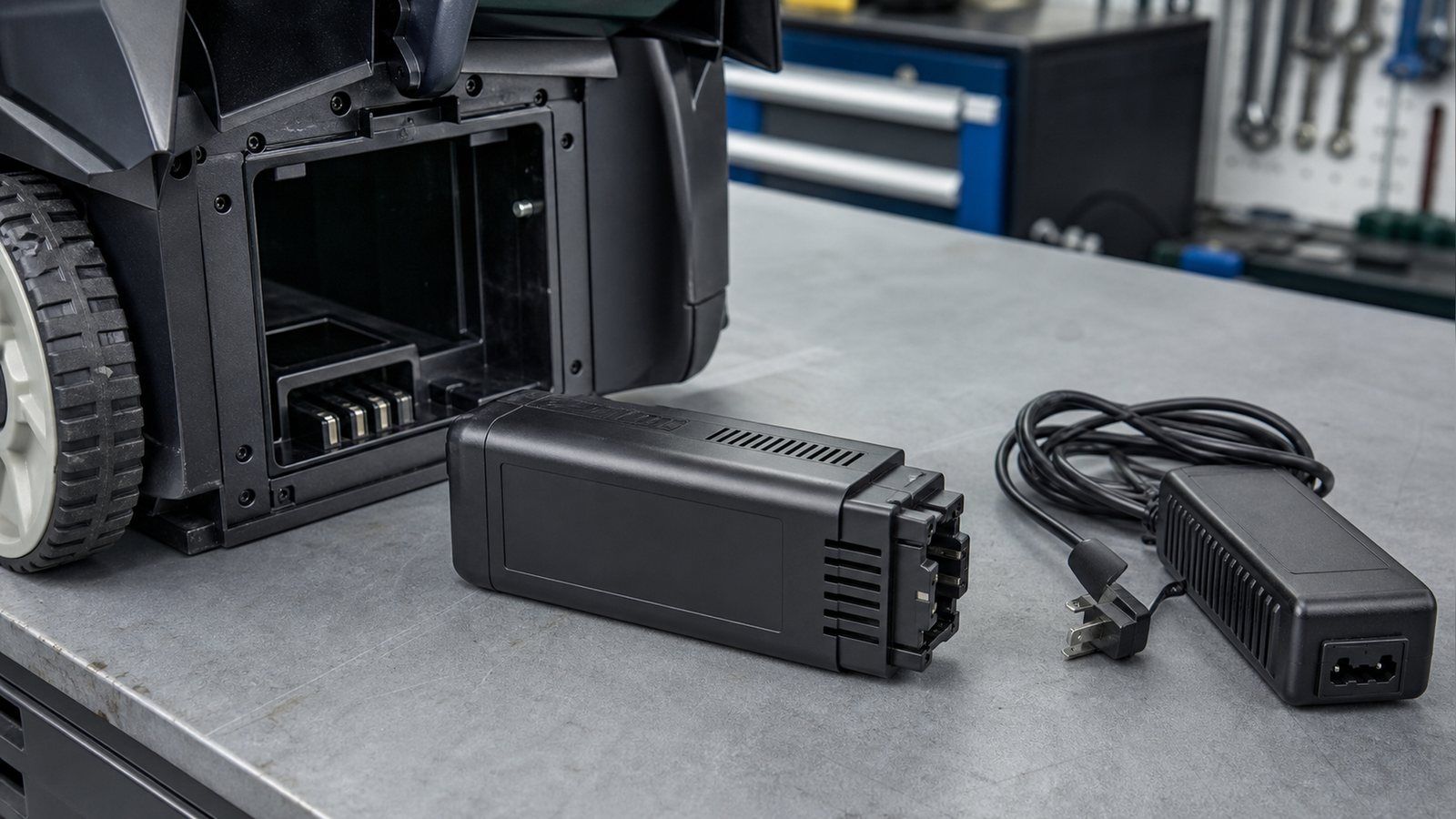 Removable lithium battery pack lifted from a ball machine battery bay onto a workshop bench beside its mains charger