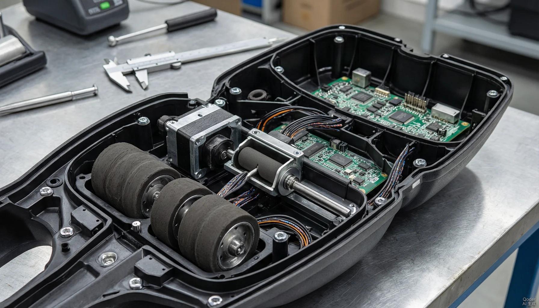 Internal components of a pickleball ball machine showing dual-wheel throw system, stepper motor feed, and control PCB