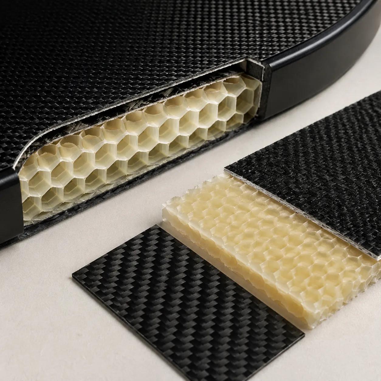 Close-up cross-section of a pickleball paddle showing foam-wall perimeter and core detail