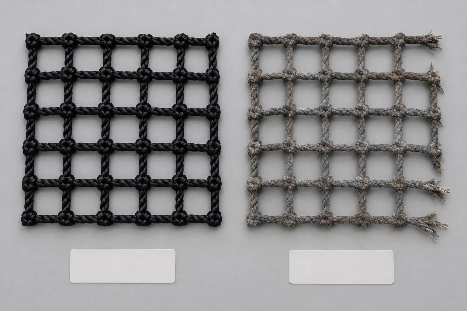 Two square swatches of braided net mesh laid side by side on a grey bench; the left is new and deep black, the right is faded grey-brown, chalky and frayed at the cut edges, with blank unlabelled cards beneath each