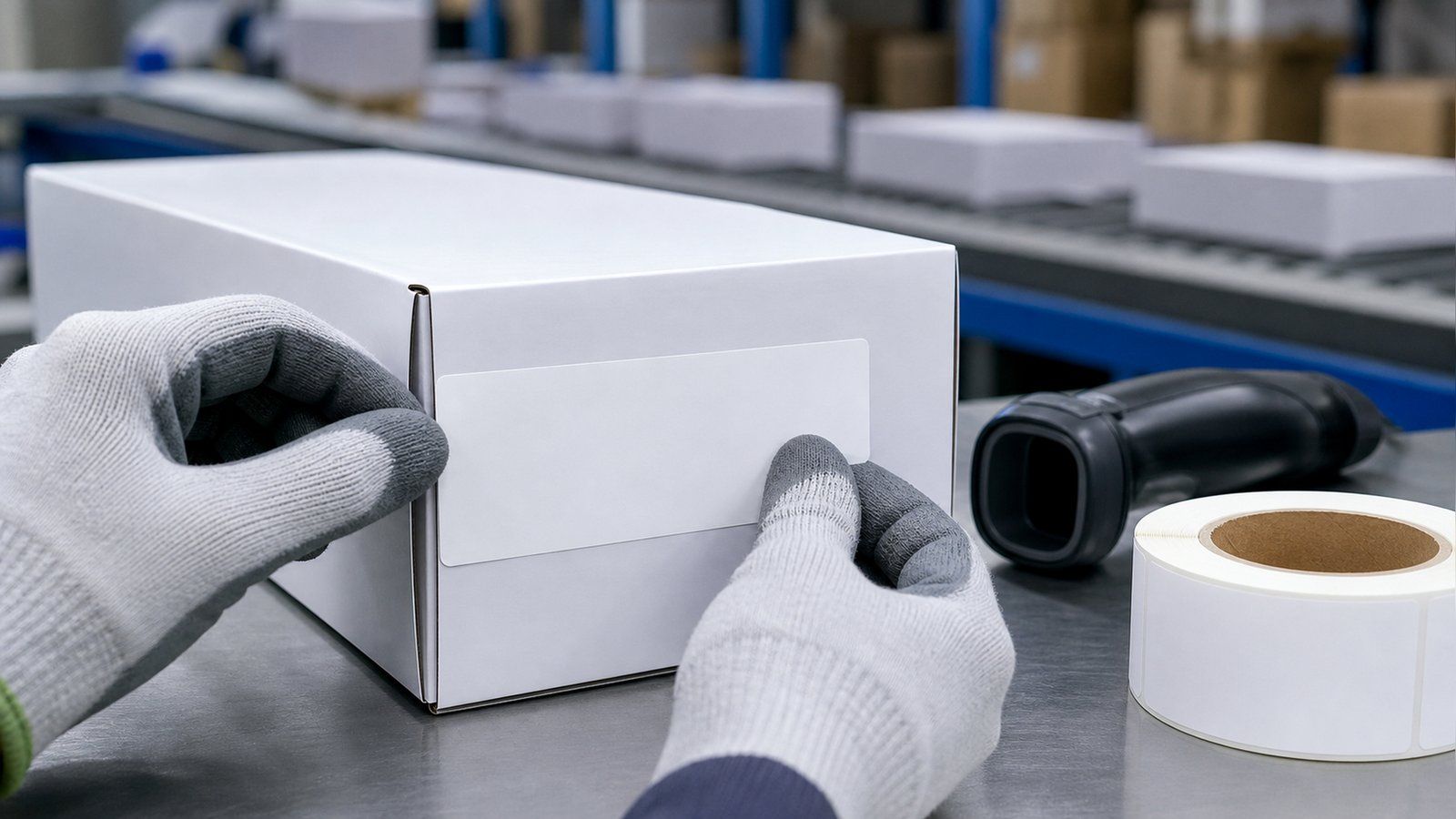 Gloved hands applying a blank white adhesive label to the side of a sealed white retail set box on a factory packing line, with a handheld barcode scanner and a roll of blank labels on the bench beside it