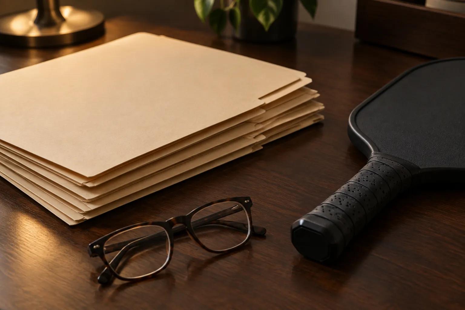 A stack of closed blank manila folders on a dark wooden desk beside the grip end of a black pickleball paddle and a pair of reading glasses