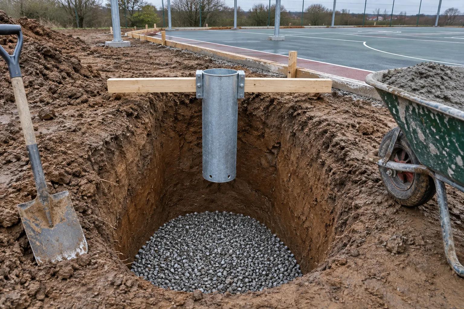A galvanised steel net post sleeve held centred on a timber brace over a deep excavated footing hole with a layer of clean drainage gravel in the bottom, damp soil walls, a shovel and a wheelbarrow of fresh concrete at the edge, and a sports court under construction behind