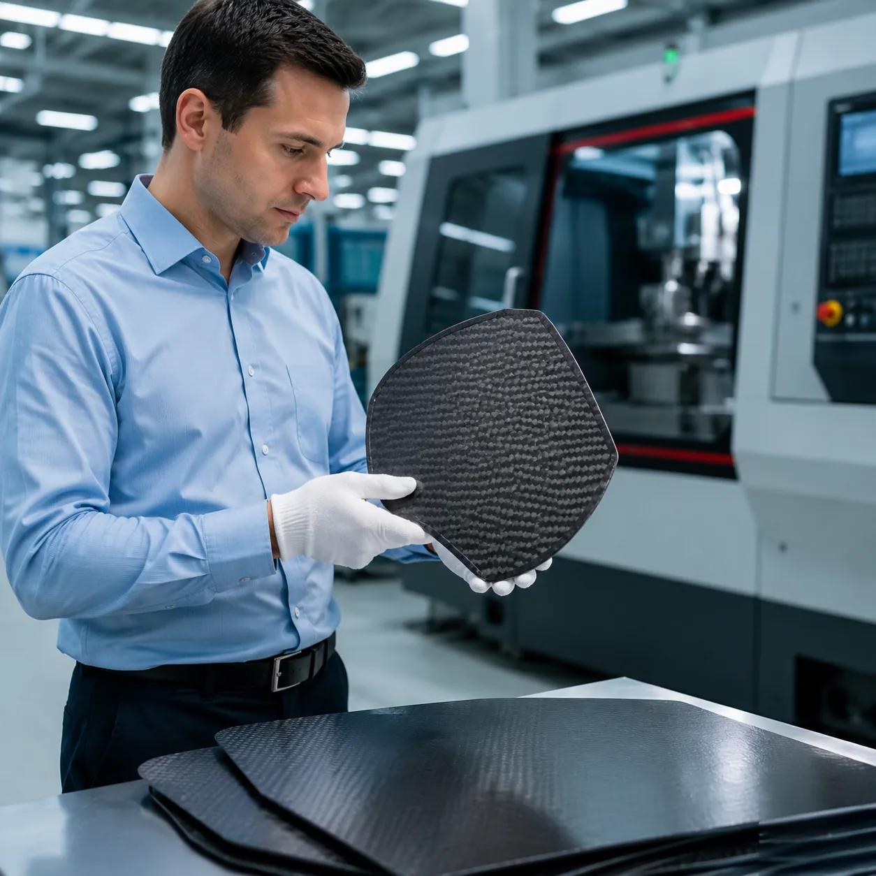 A technician in a paddle factory holding a woven carbon-fibre face blank, with more blanks stacked on the bench beside him