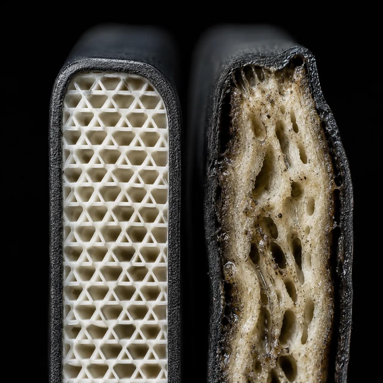 Hyper-realistic product photography, side-by-side cross-section of two pickleball paddle cores, one polypropylene core dry and intact, one Nomex core swollen and warped with visible moisture absorption, studio lighting with sharp focus on material differences, macro shot, dark background to highlight contrast, no text, no brand logo