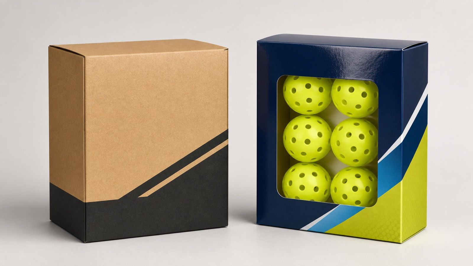 Two retail ball packaging boxes side by side on a light background, a plain kraft and black carton on the left and a glossy full-colour printed box with a window cutout showing six yellow pickleballs on the right