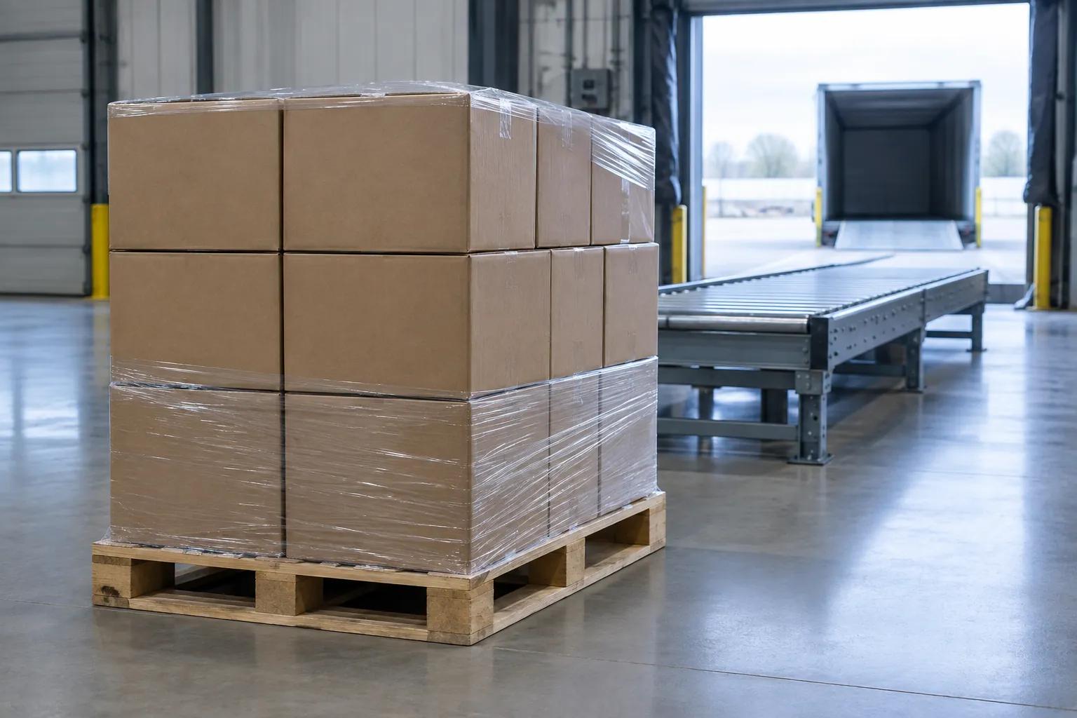 Shrink-wrapped sealed cartons stacked on a wooden pallet in a warehouse loading bay, with a roller conveyor and an open dock door behind