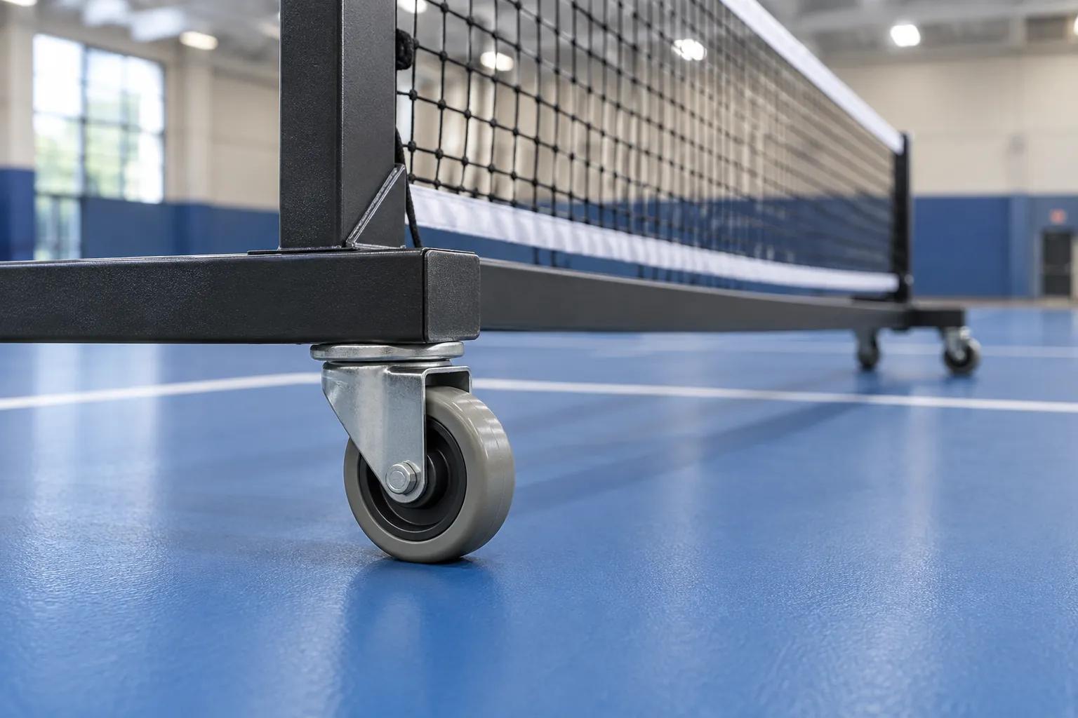 Low-angle close-up of a steel portable pickleball net base on small grey caster wheels resting on a blue synthetic sports floor