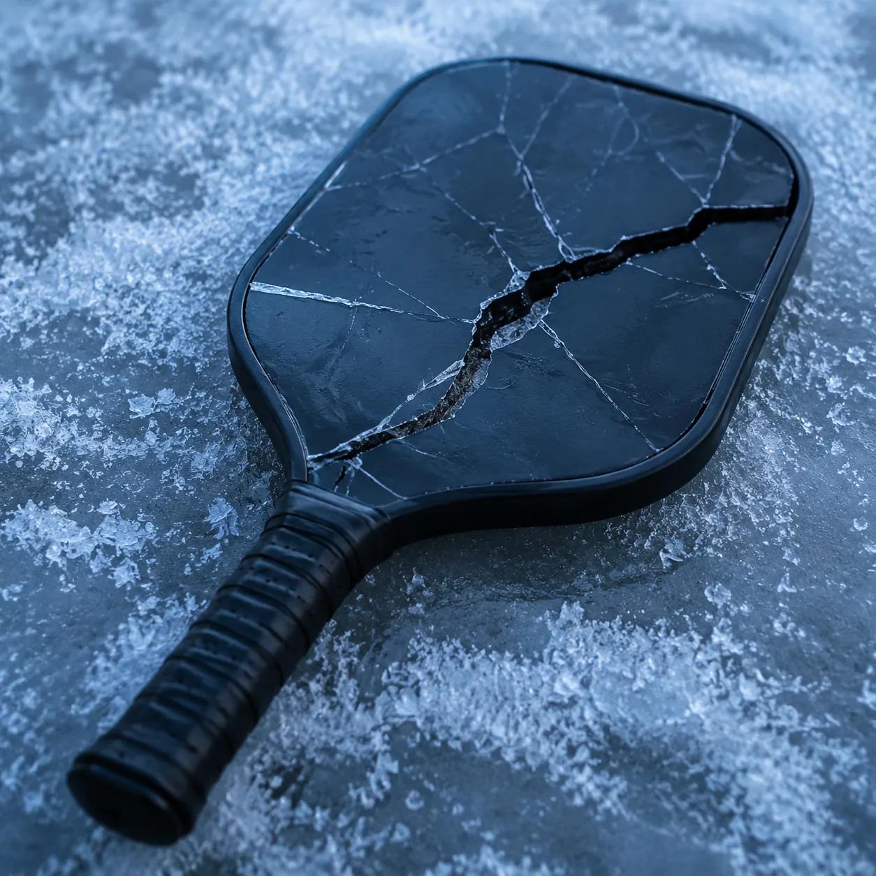 Hyper-realistic product photography, a pickleball paddle with a large crack across the face, placed on a frosty surface with ice crystals, cold blue ambient lighting, brittle fracture lines visible, no text, no brand logo