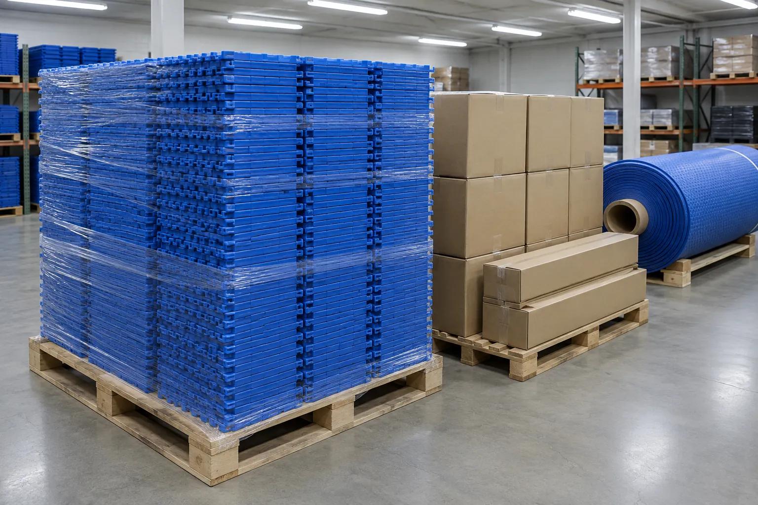 A shrink-wrapped wooden pallet stacked with blue interlocking court tiles in a warehouse, beside plain cardboard cartons and a blue roll-out court mat on a core