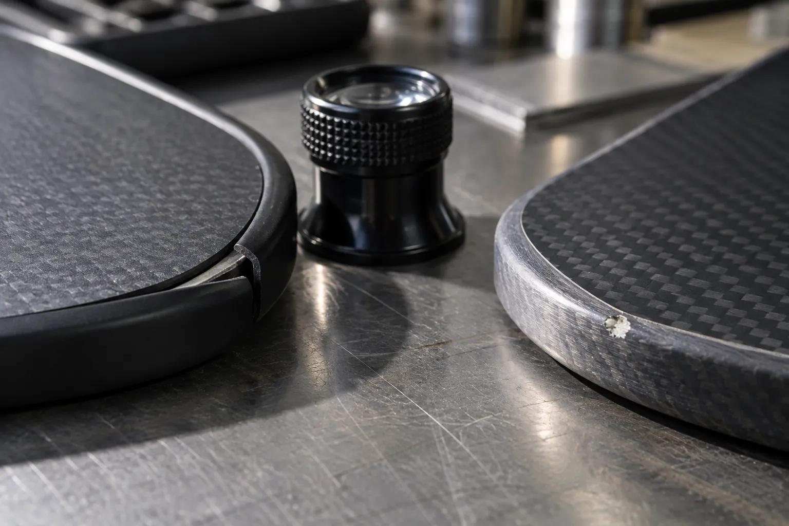 Close-up of two paddle perimeters on a steel inspection bench: a black edge guard with a gap where it has not seated, and a sanded edgeless carbon rim with a small chip, with a 10x loupe between them