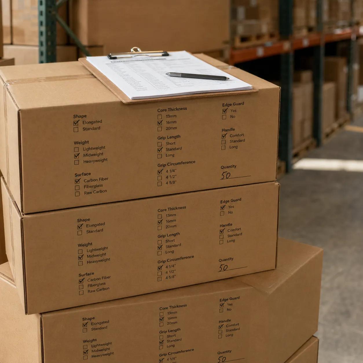 A printed specification checklist on a clipboard resting on stacked export cartons in a warehouse aisle