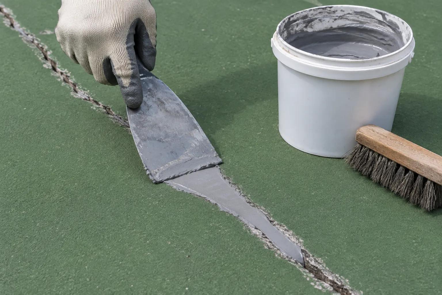 A gloved hand pressing grey acrylic crack filler into a routed, cleaned crack in a green acrylic court surface with a wide steel putty knife, an open pail of filler and a stiff brush beside it