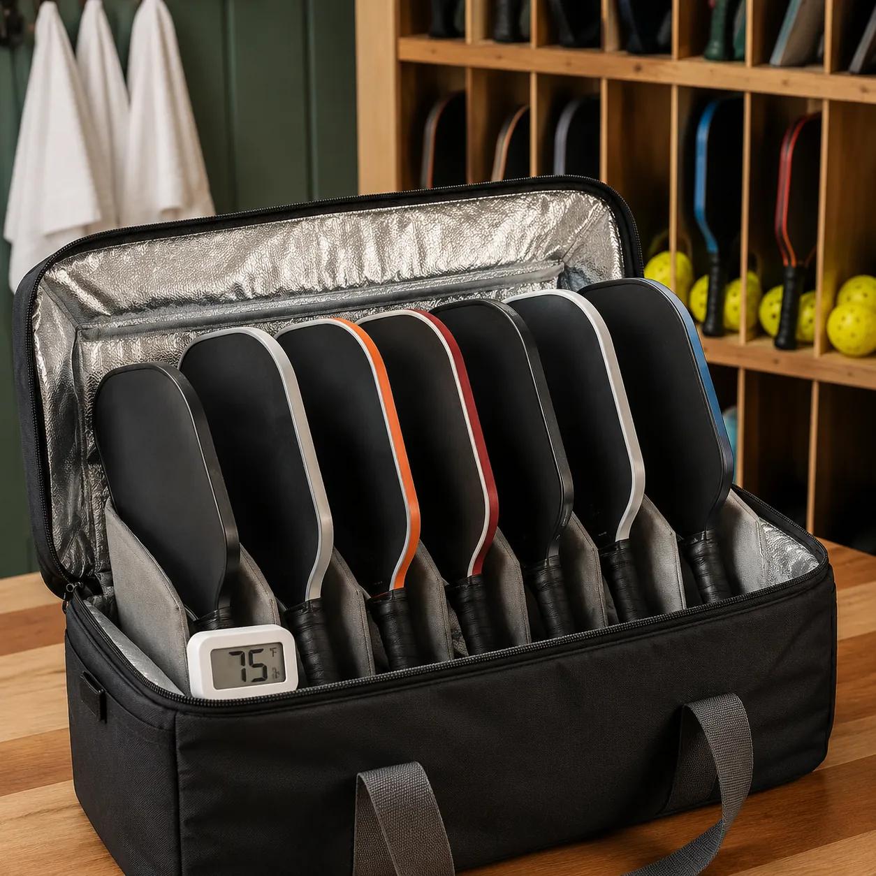 Hyper-realistic lifestyle photography, row of pickleball paddles stored in a padded thermal bag with a small digital thermometer showing 75F, organized club storage rack in background, soft ambient lighting, clean and professional composition, no text, no brand logo