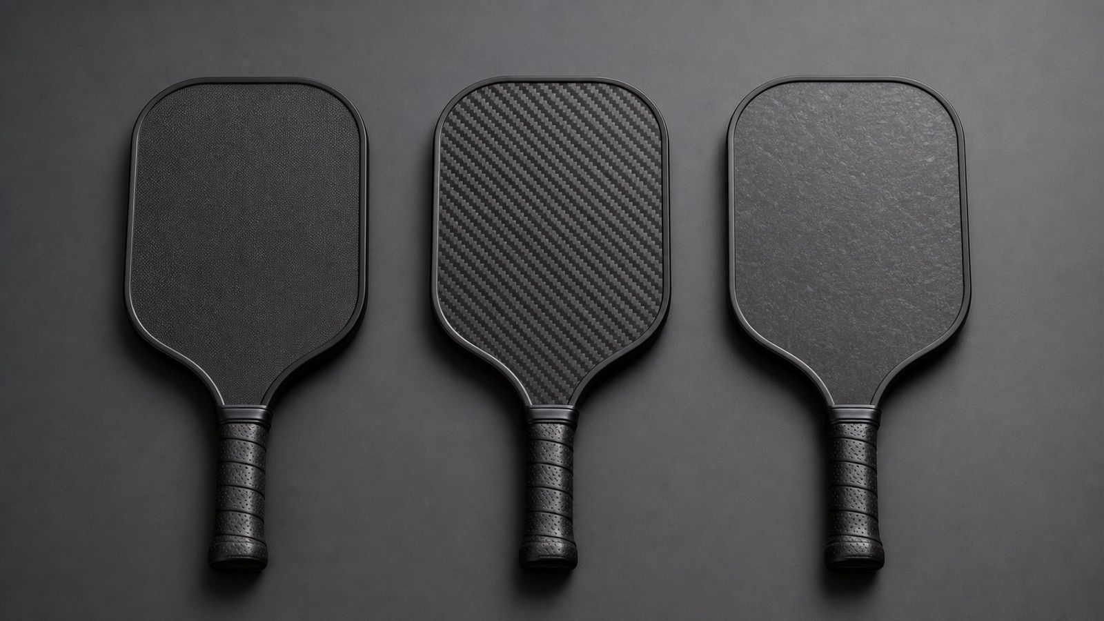 Three unbranded pickleball paddles laid flat side by side on a dark grey surface, showing a plain matte face, a visible woven carbon twill face and a fine frosted textured face