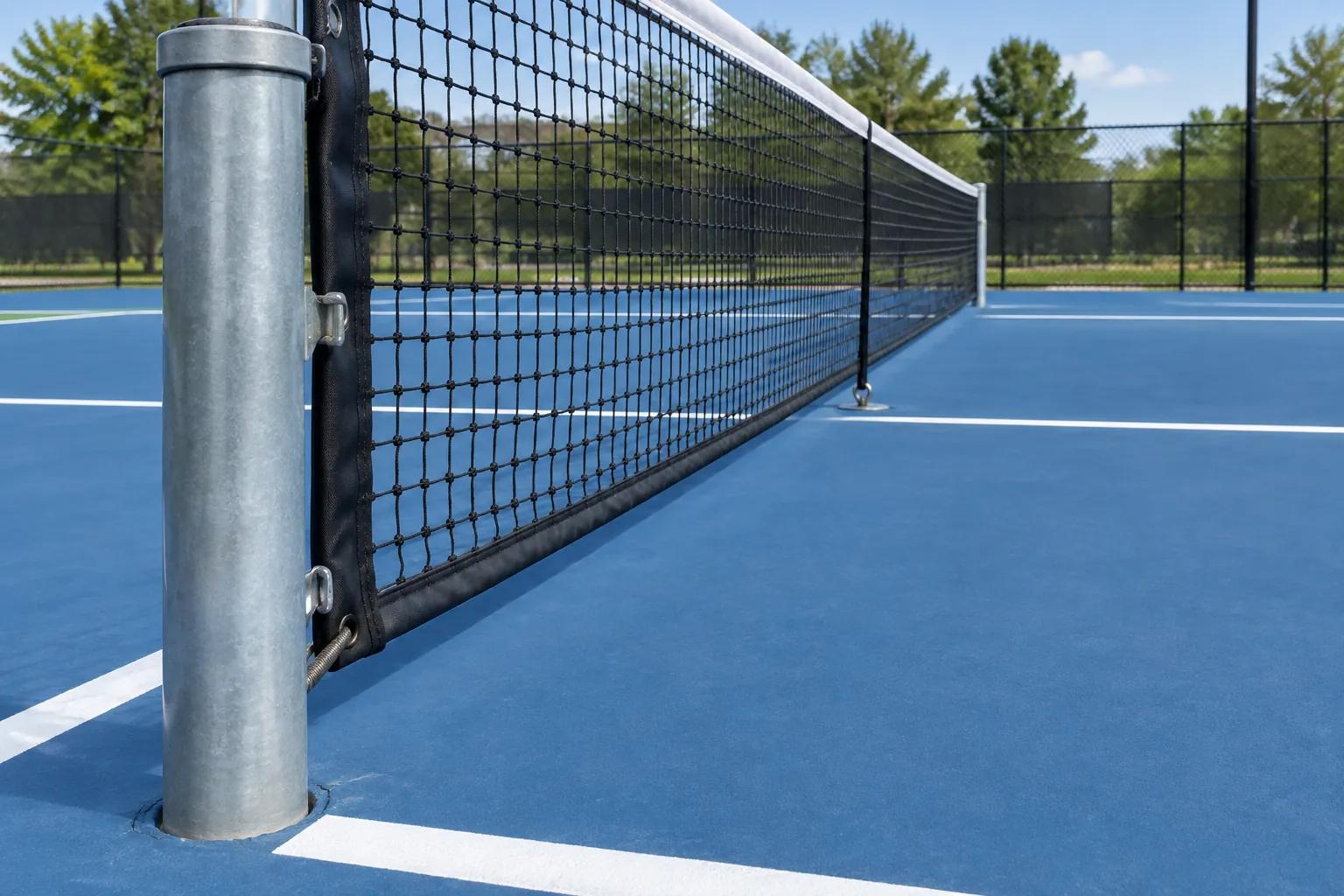 A galvanized net post beside the sideline of an outdoor pickleball court, with the net center strap hooked to an anchor pin set in the court at mid-court