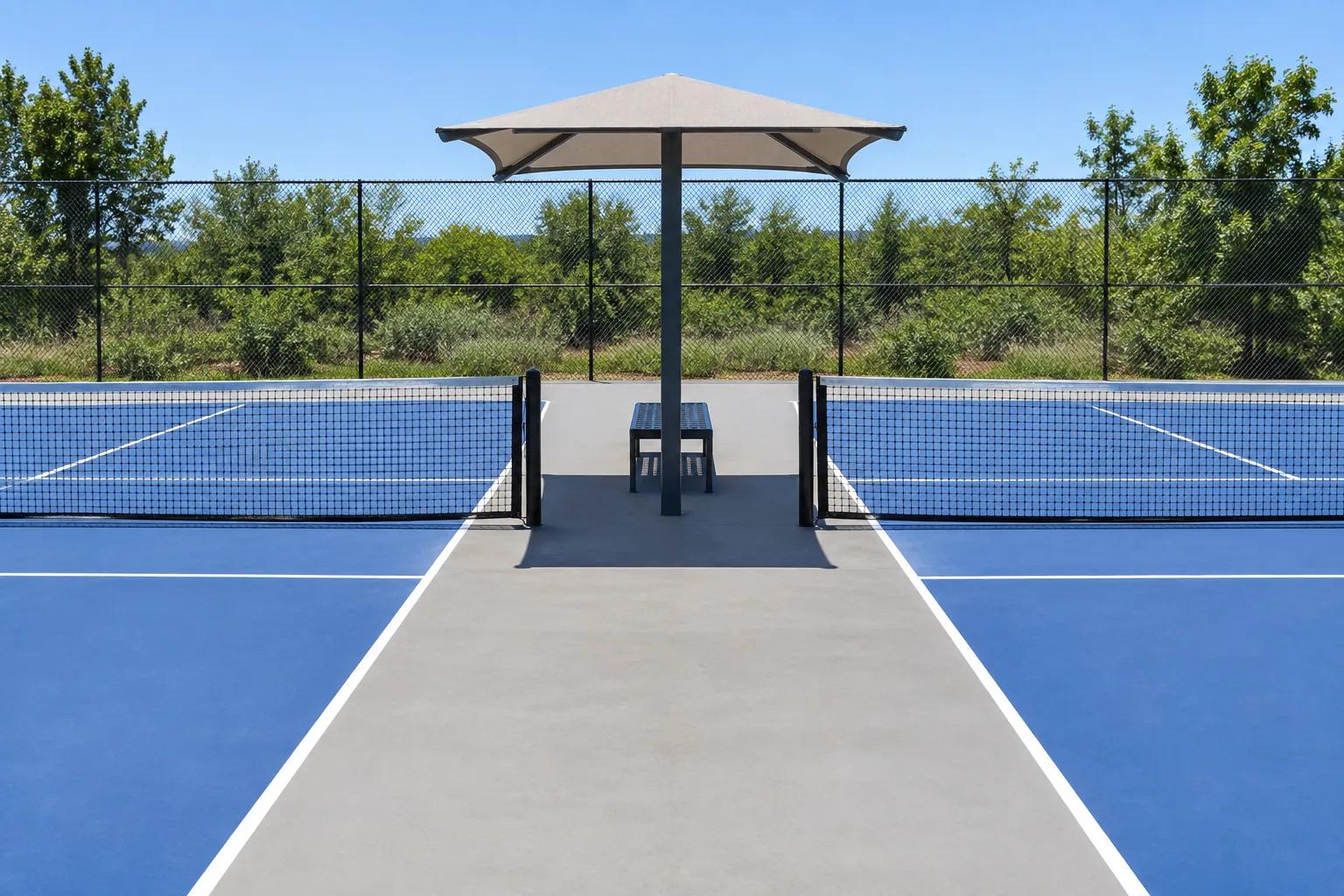 A small fabric shade canopy on a single post standing on the net line in the strip between two outdoor pickleball courts, with a bench beneath it