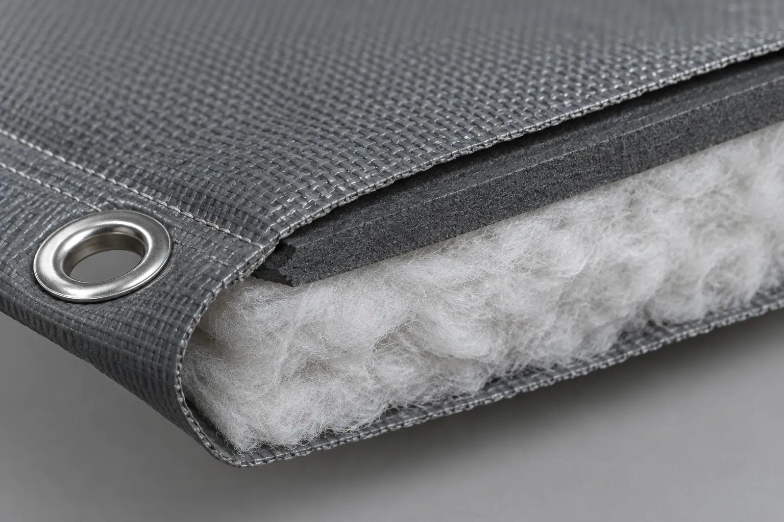 Cut edge of an outdoor acoustic blanket panel showing a woven vinyl-coated polyester facing, a dense grey mass layer and a thick white fibre absorption layer, with a metal grommet in the hemmed edge