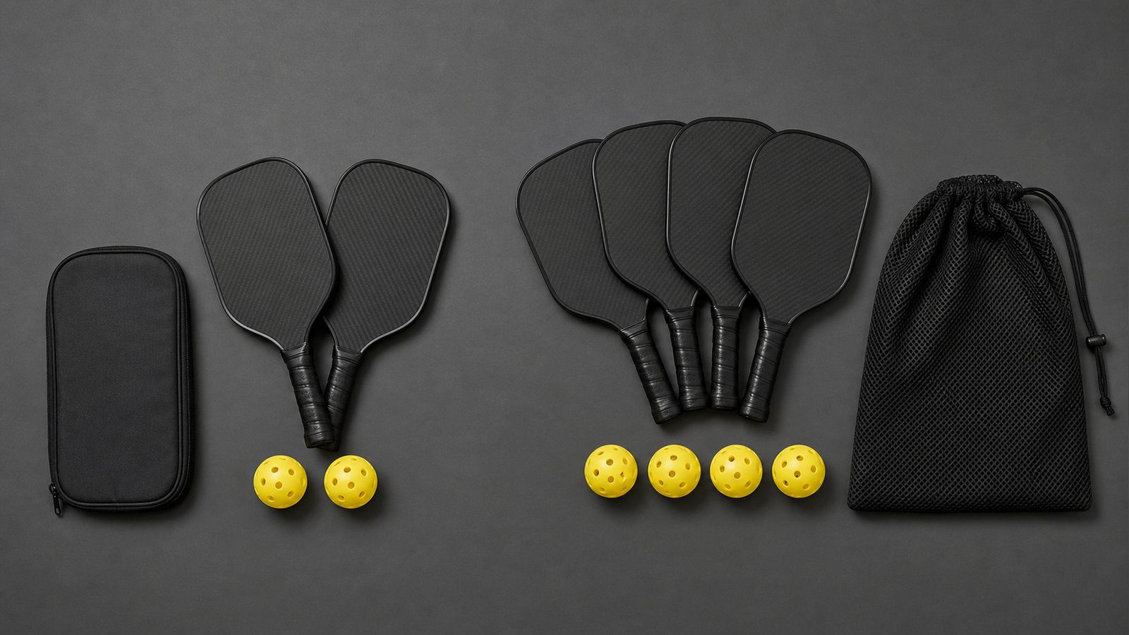 Overhead flat-lay comparing pickleball set configurations: a 2-paddle set with two balls and a zip sleeve on the left, a 4-paddle set with four balls and a mesh drawstring bag on the right