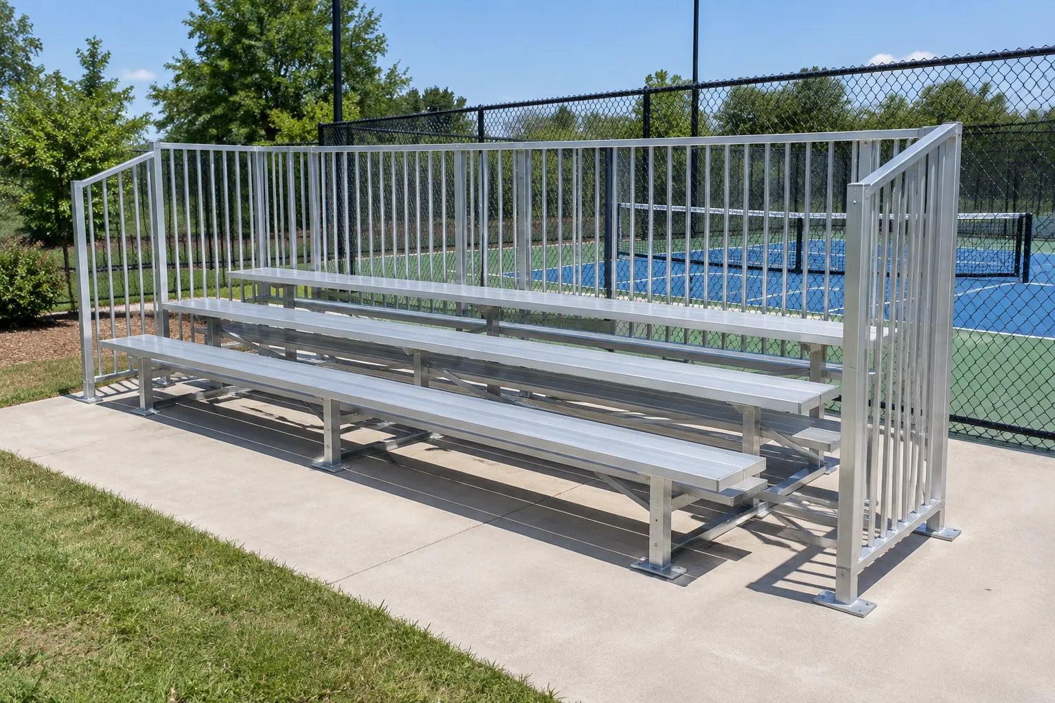 A three-row aluminum bleacher on a concrete pad beside a pickleball court fence, with a guardrail of closely spaced pickets along the back and open ends
