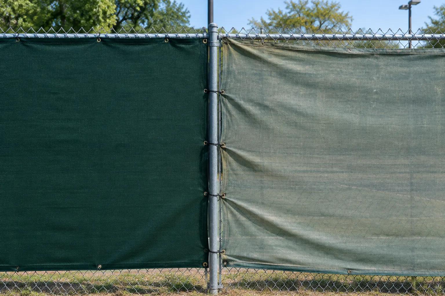 A new deep green windscreen panel beside an older panel on the same chain-link fence that has faded to pale grey-green and sags between its ties