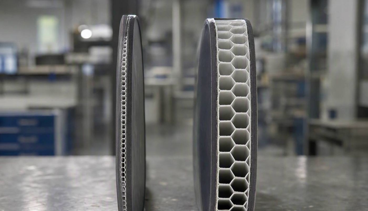 two pickleball paddle cross sections showing thinner and thicker honeycomb cores