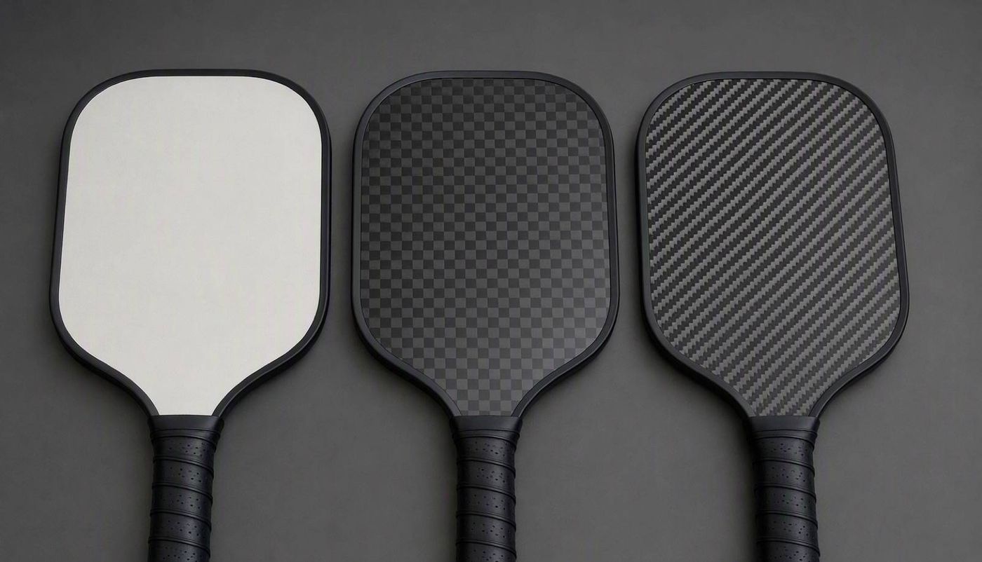 three custom pickleball paddle faces showing fiberglass T300 and raw carbon options
