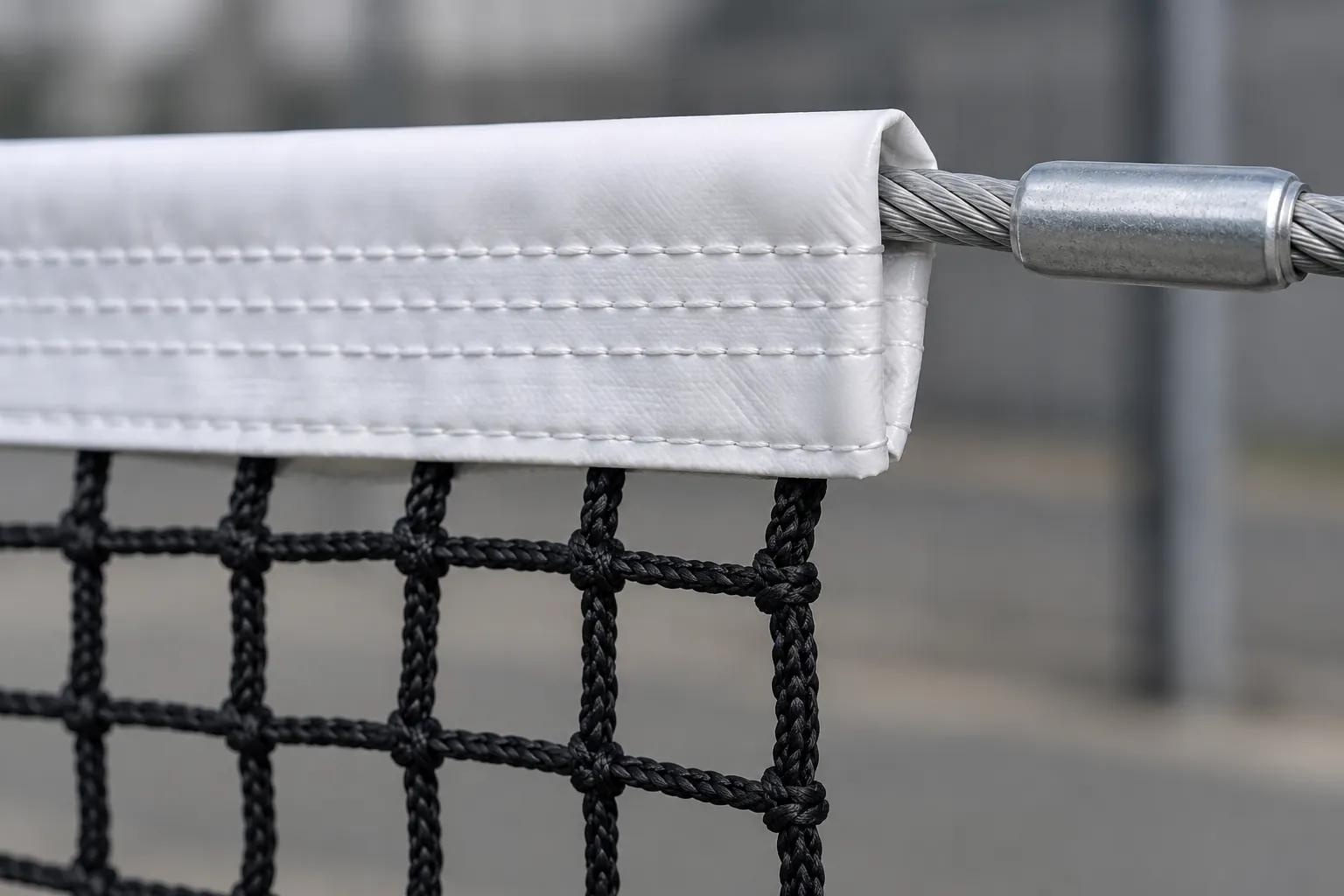 Close-up of a white vinyl-coated headband folded over the top of a black braided net and lock-stitched with parallel rows, with a galvanised steel cable running through it into a swaged end fitting