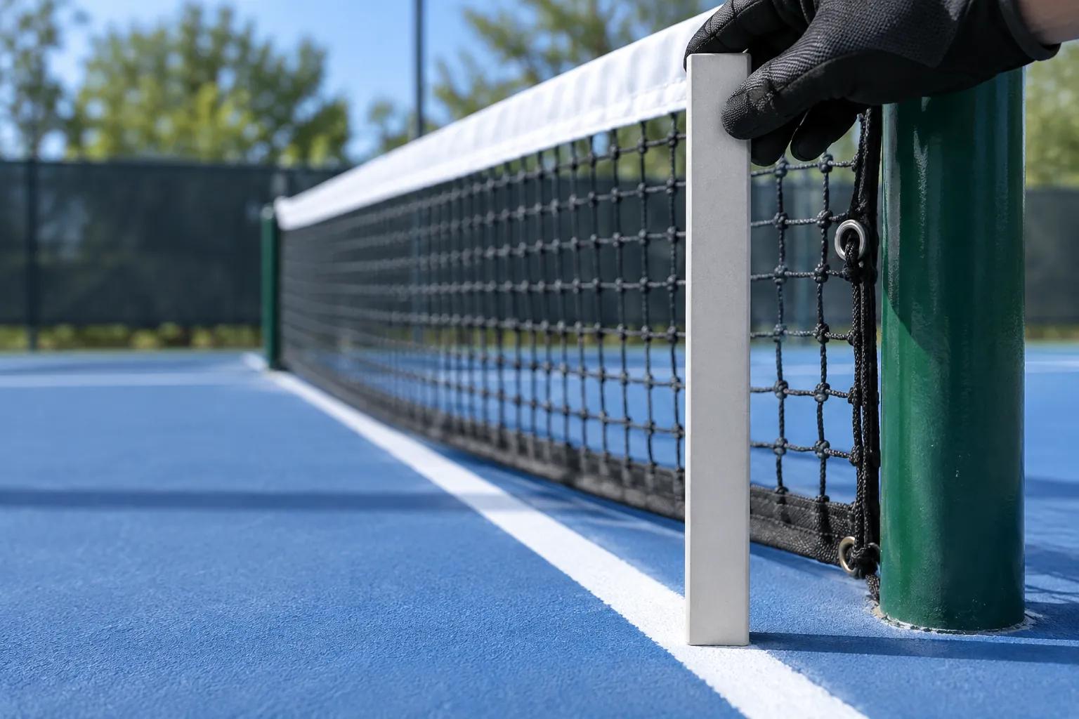 An upright measuring stick standing on a blue court at the outer edge of the white sideline, touching the white top tape of a taut net beside a green net post, steadied by a gloved hand