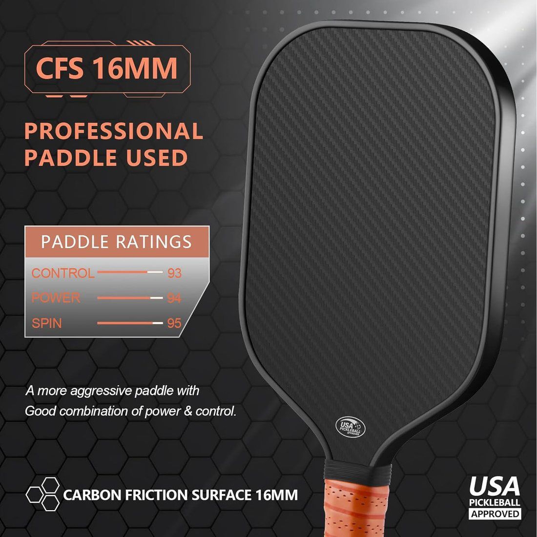 Carbon Friction Surface 16mm pickleball paddle with control, power and spin ratings and USA Pickleball approval
