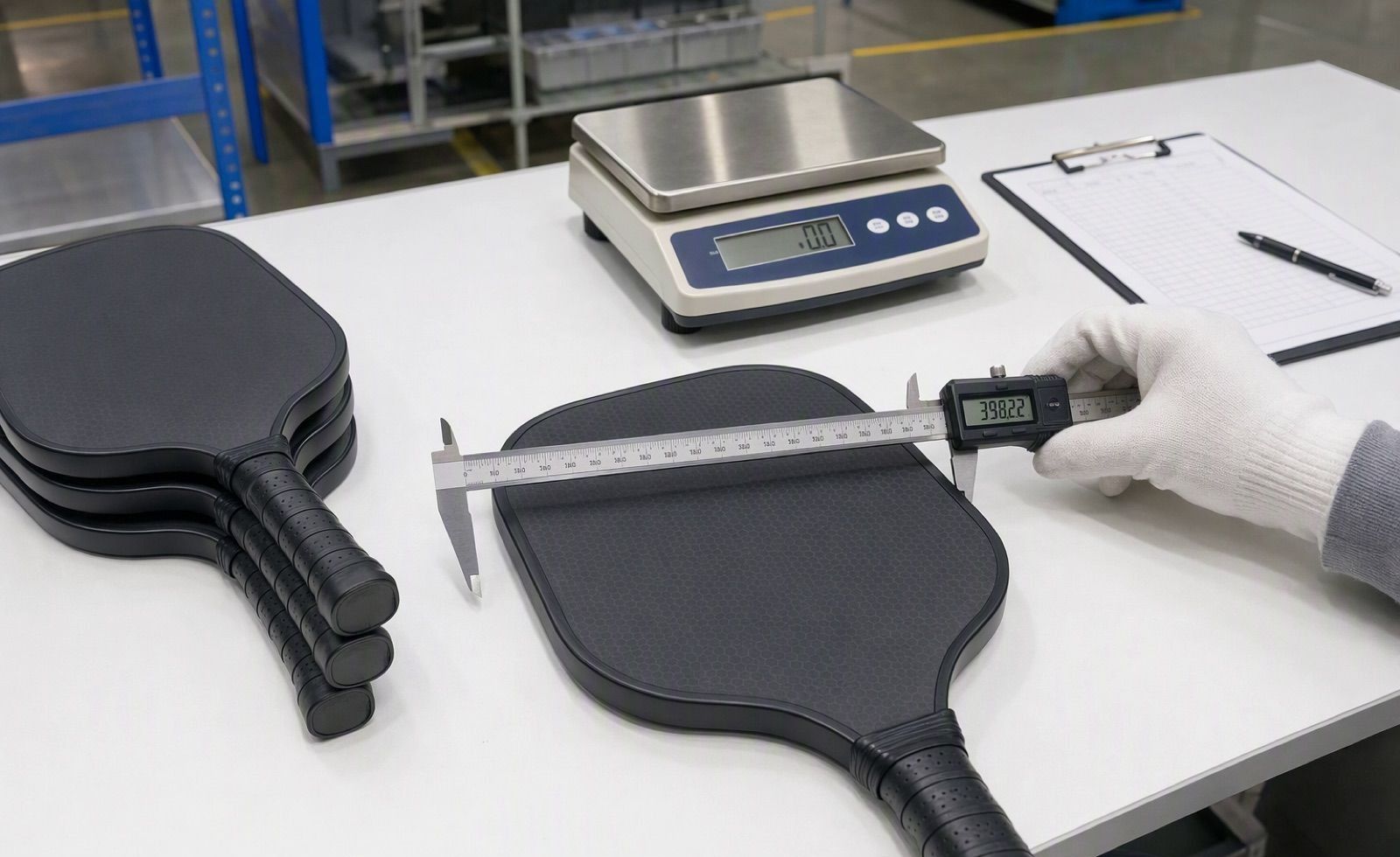Quality control inspection station for pickleball paddles showing weight measurement and surface testing equipment