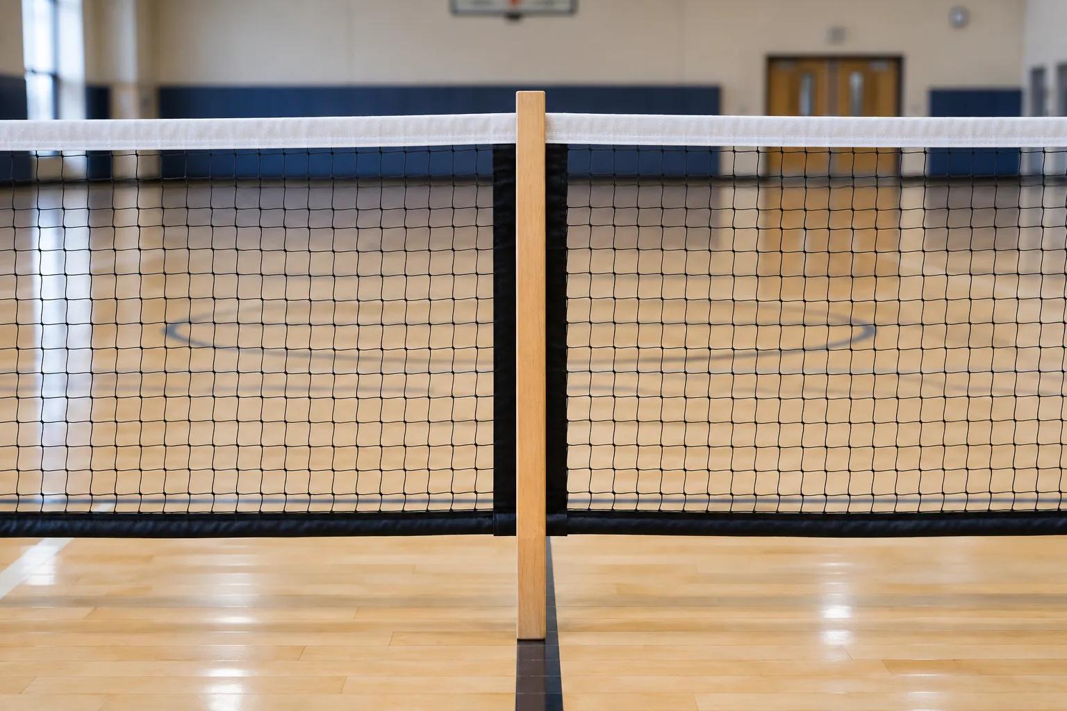 A plain wooden measuring stick standing on a maple gym floor against the center strap of a portable pickleball net, level with the white tape band