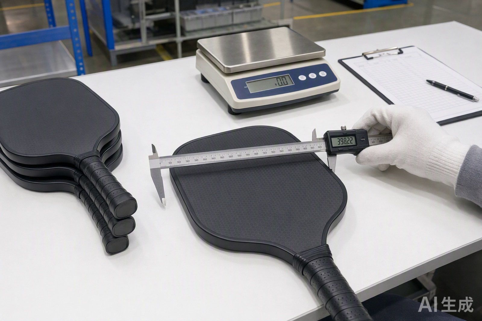 Quality-control technician measuring the outer dimensions of a pickleball paddle with a caliper against a written specification document