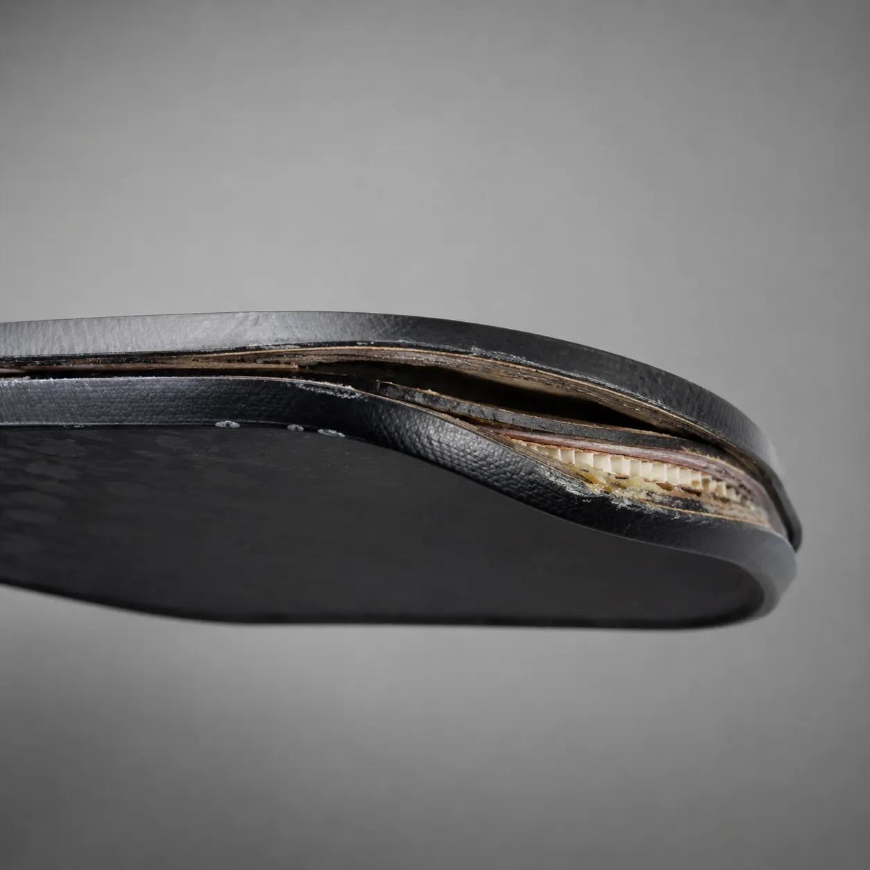 Hyper-realistic product photography, side view of a delaminated pickleball paddle with layers peeling apart near the edge, heat-damaged adhesive visible as discolored residue, soft diffused lighting highlighting the separation, no text, no brand logo