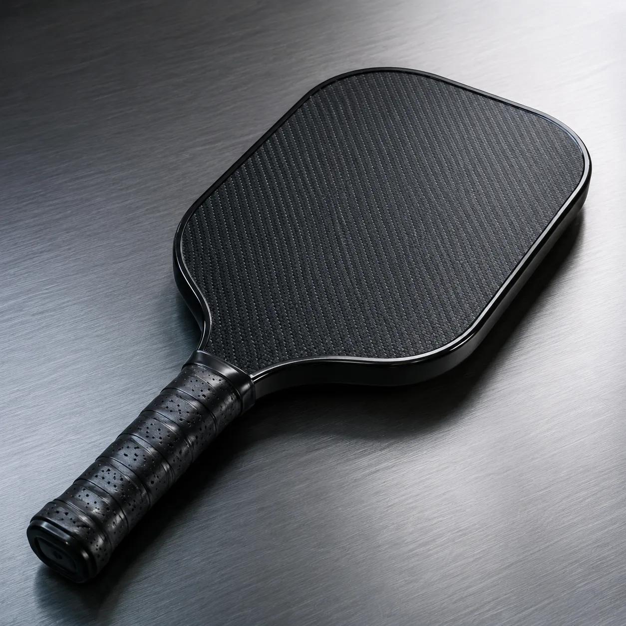 Hyper-realistic product photography, a professional OEM pickleball paddle lying diagonally on a brushed aluminum worktable, carbon fiber weave texture visible, soft studio lighting with rim light, clean minimal composition, no text, no brand logo