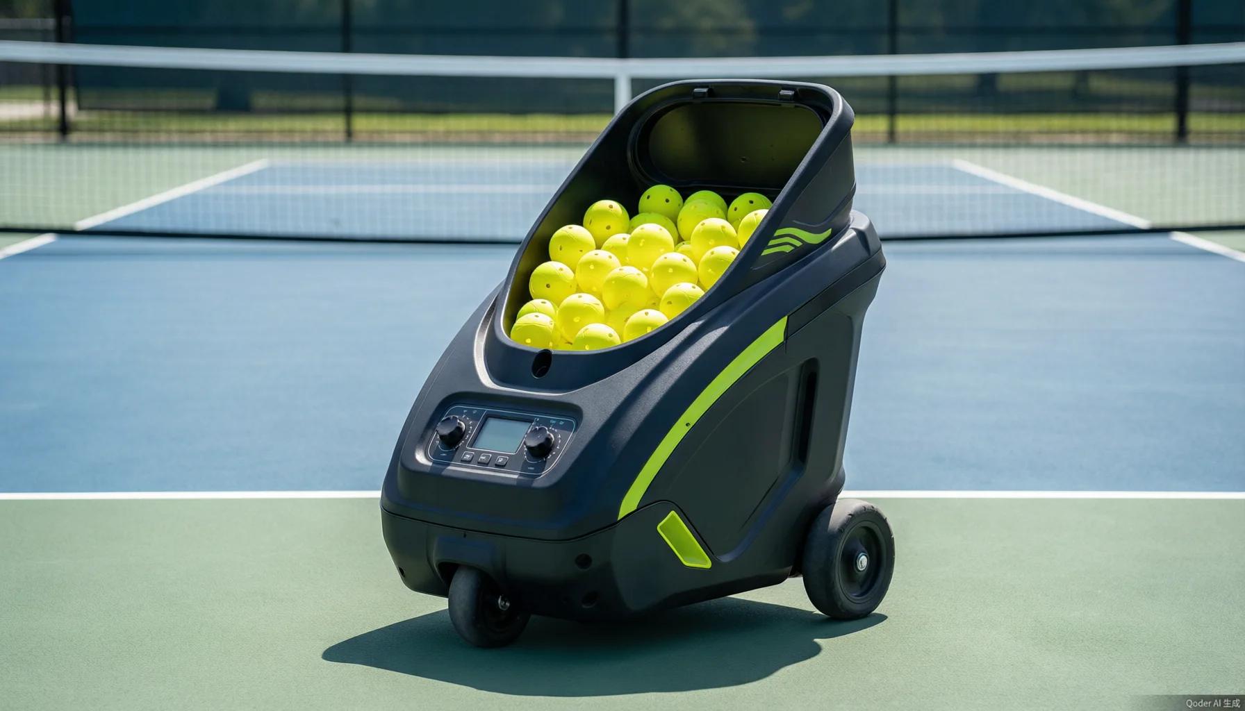 Pickleball ball machine on court with hopper loaded, showing wheel mechanism and control panel