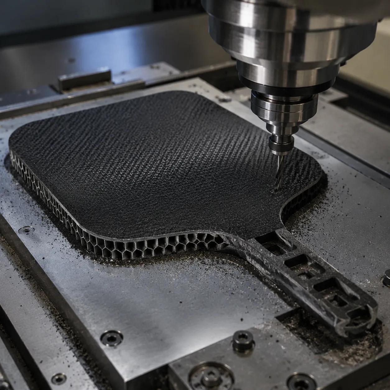 Hyper-realistic product photography, close-up of a custom pickleball paddle being CNC-machined from raw carbon fiber and honeycomb core, workshop lighting, shallow depth of field, industrial precision, no text, no brand logo